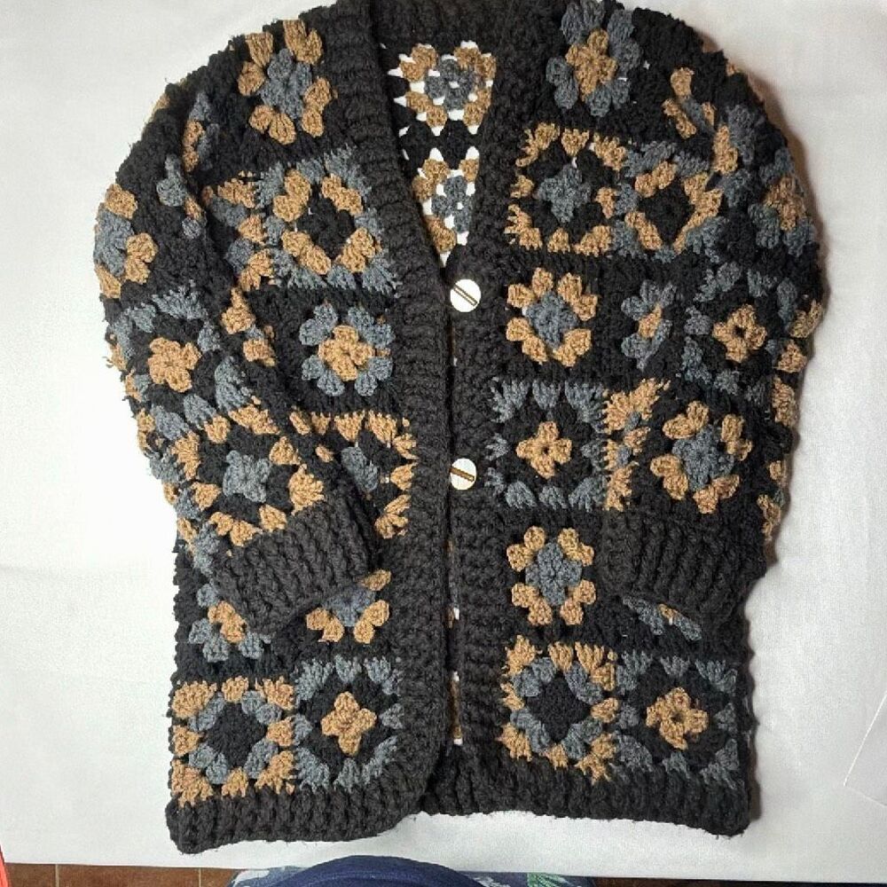 Handmade Granny Square Cardigan Sweater Small Medium Black Tan Blue